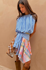 Check Asymmetric Mini Skirt with Stripe Detail