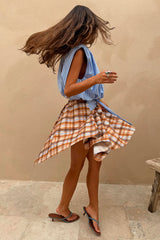 Check Asymmetric Mini Skirt with Stripe Detail