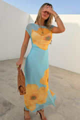 Blue Yellow Poppy Mesh Luna Dress