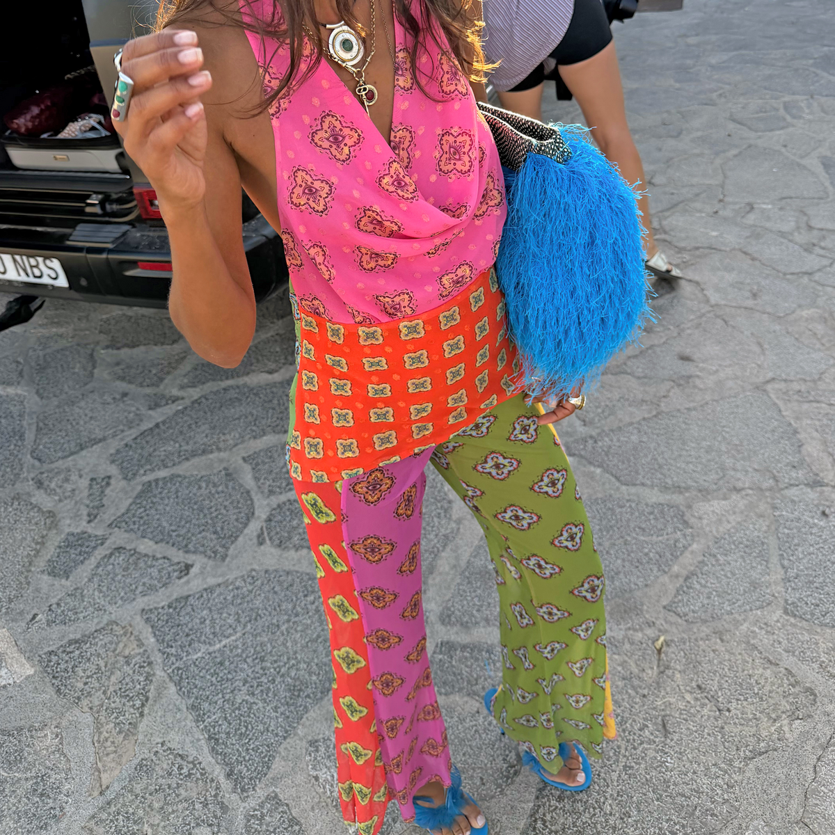 Pink Mix Tile Mesh Flare Trousers