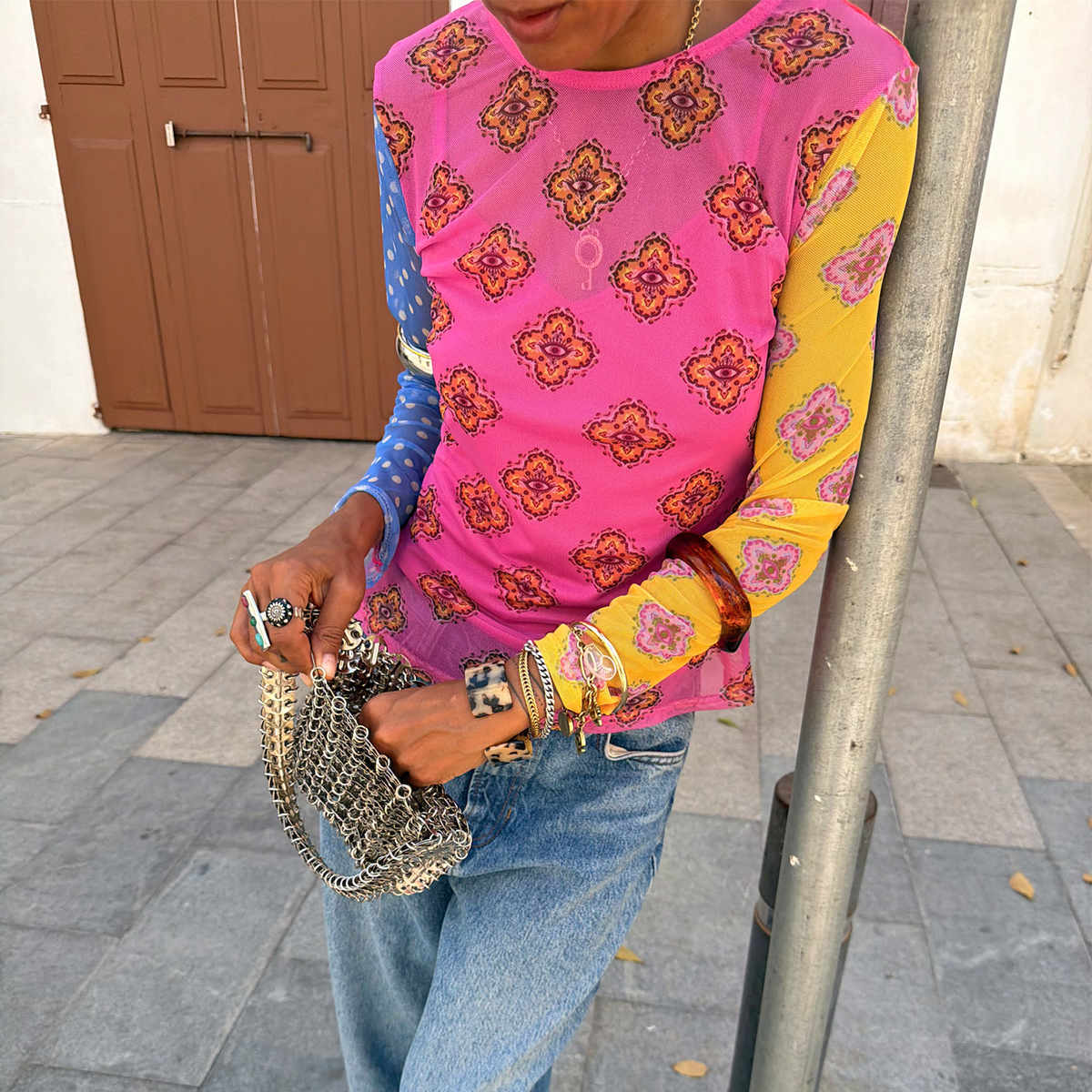 Pink Mix Tile Long Sleeve Mesh Top