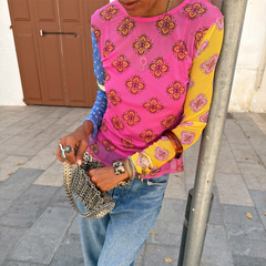 Pink Mix Tile Long Sleeve Mesh Top
