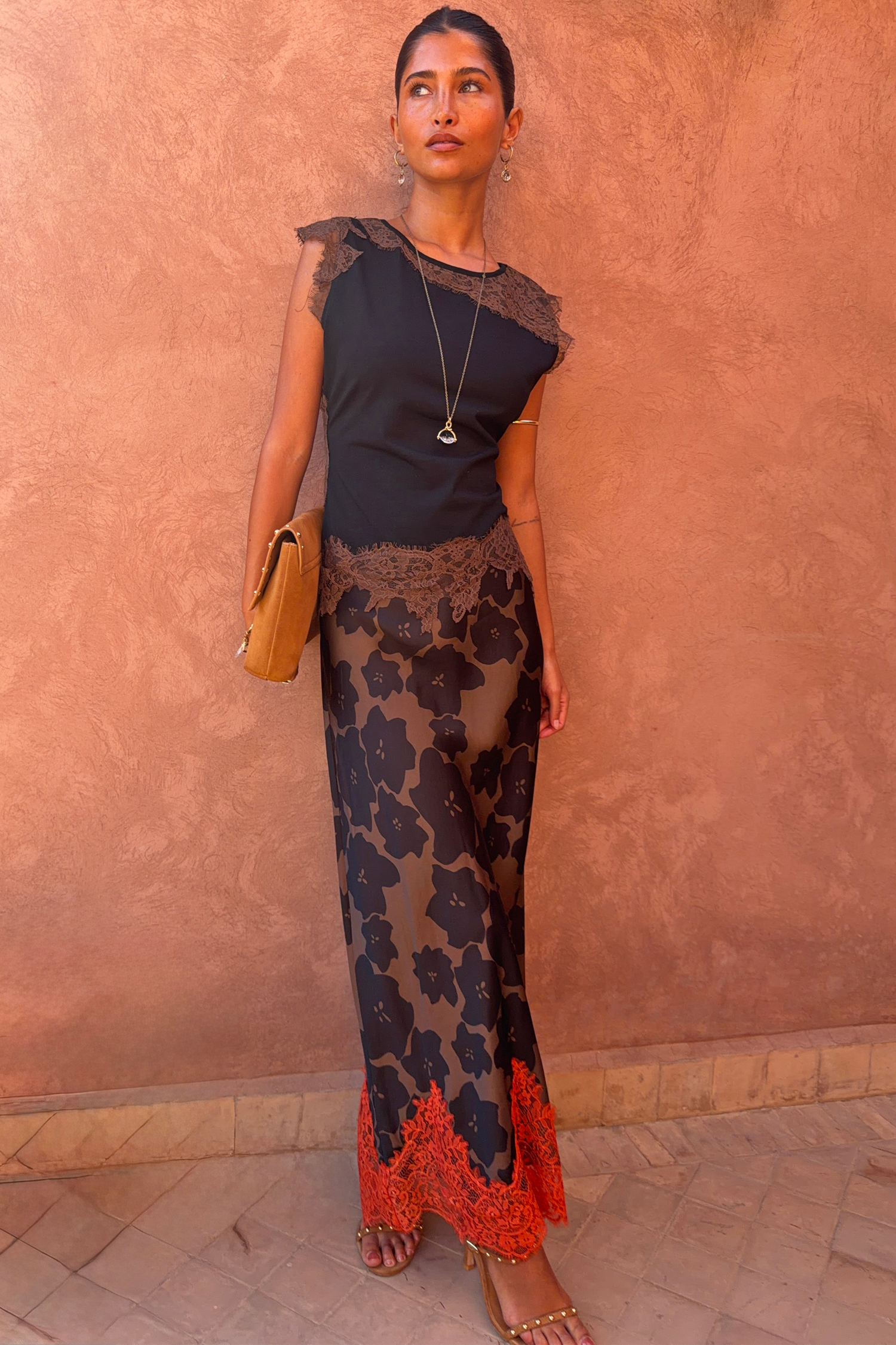 Tan Jaden Floral Midi Meava Skirt
