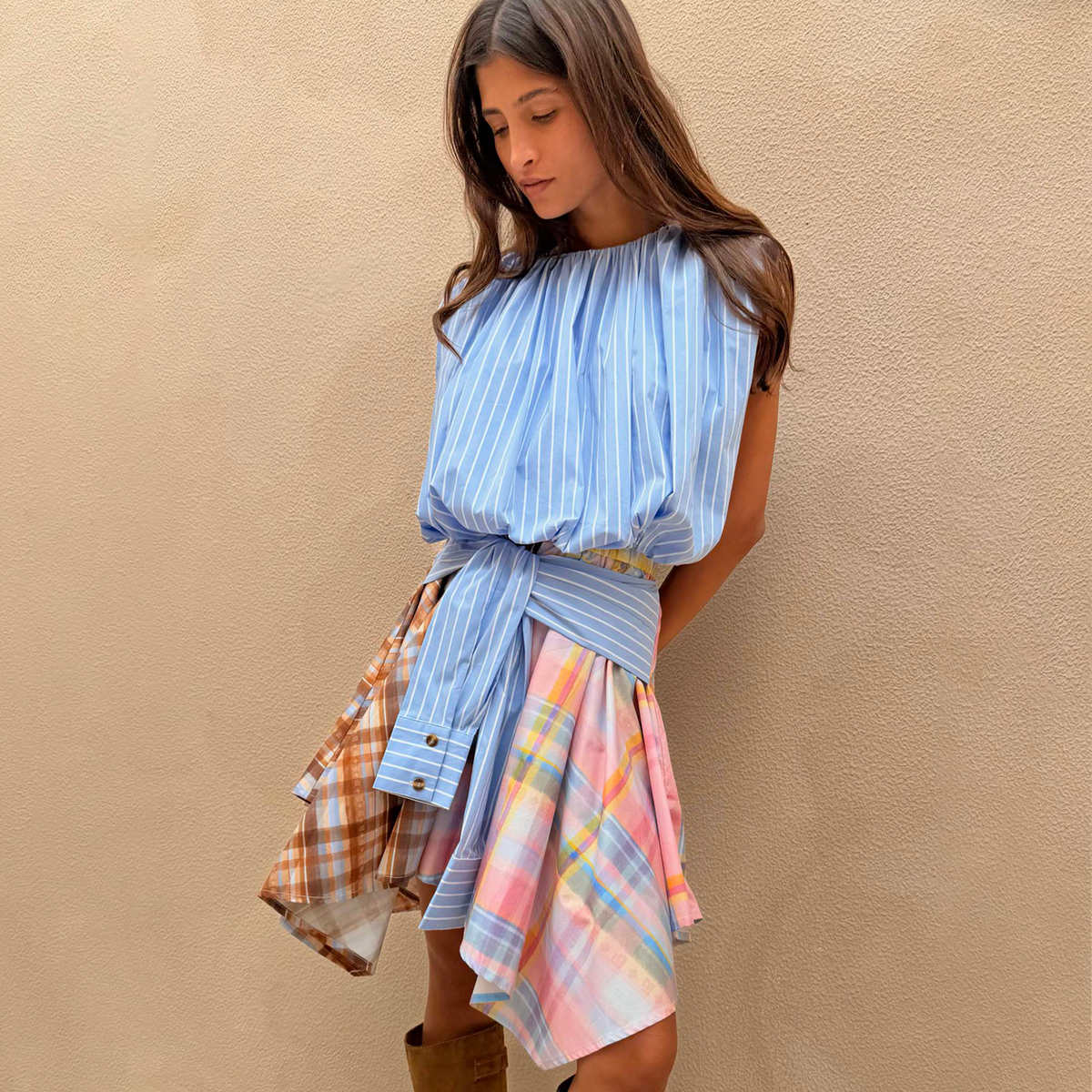 Check Asymmetric Mini Skirt with Stripe Detail