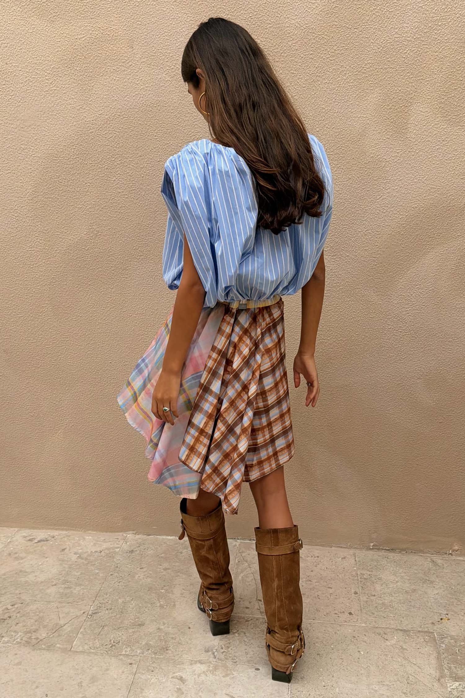 Check Asymmetric Mini Skirt with Stripe Detail