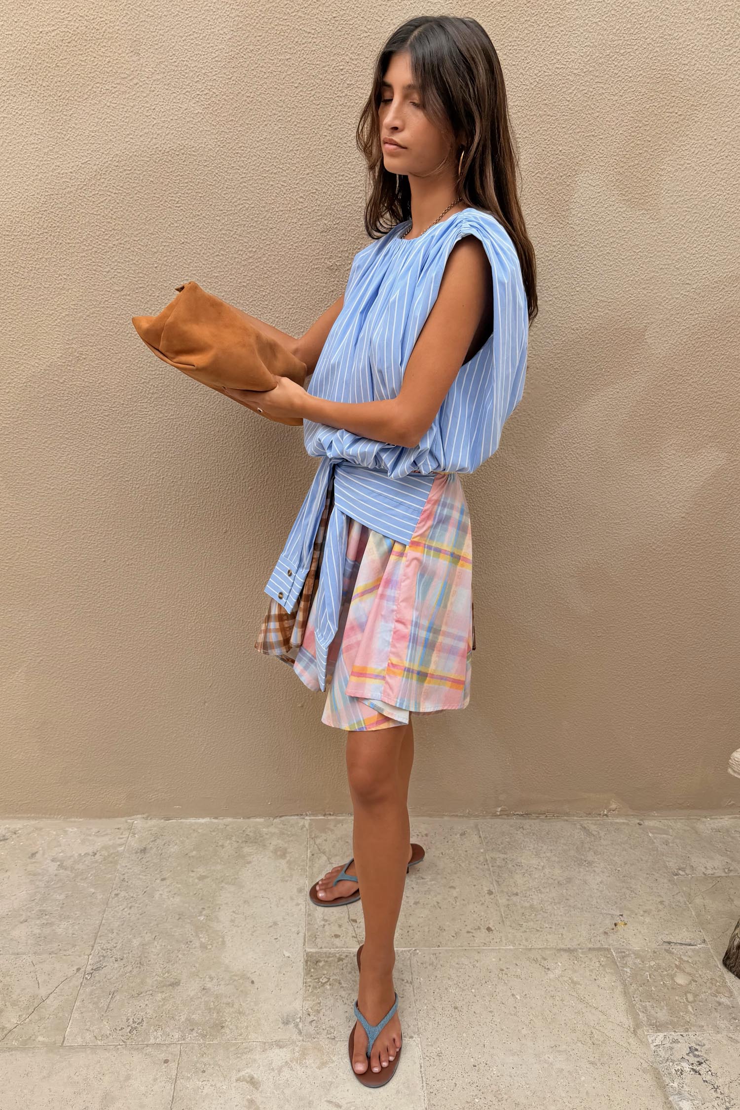 Check Asymmetric Mini Skirt with Stripe Detail