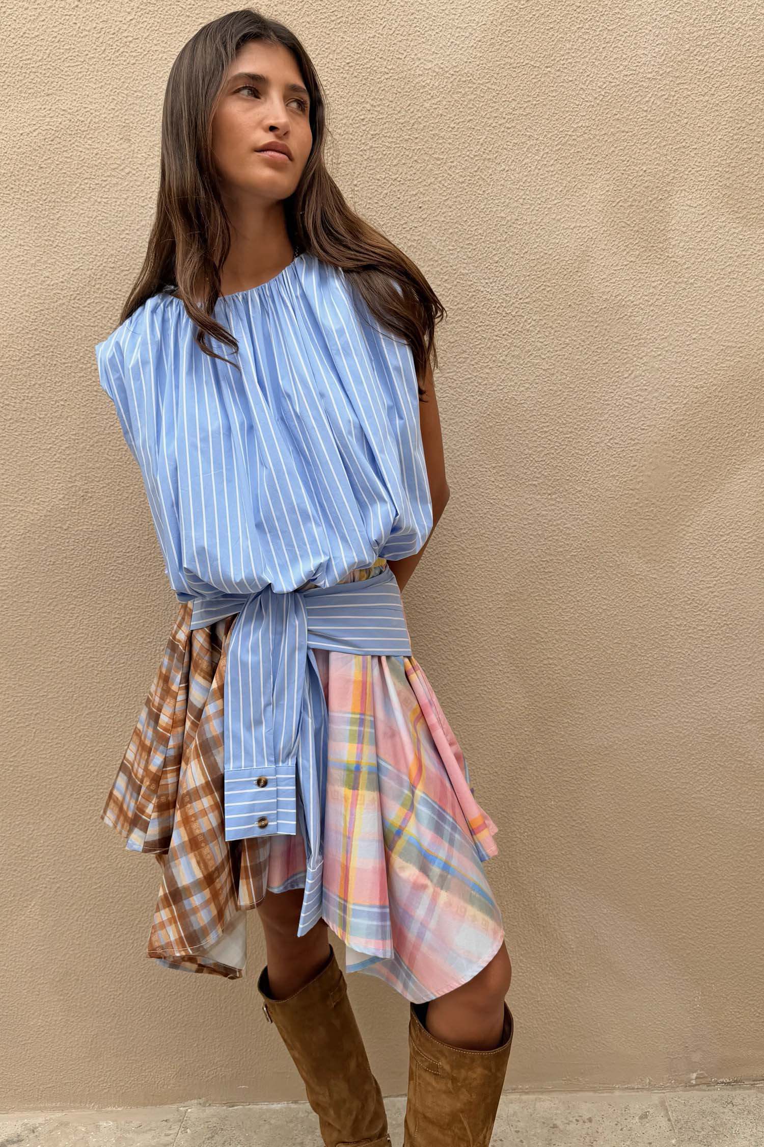 Check Asymmetric Mini Skirt with Stripe Detail