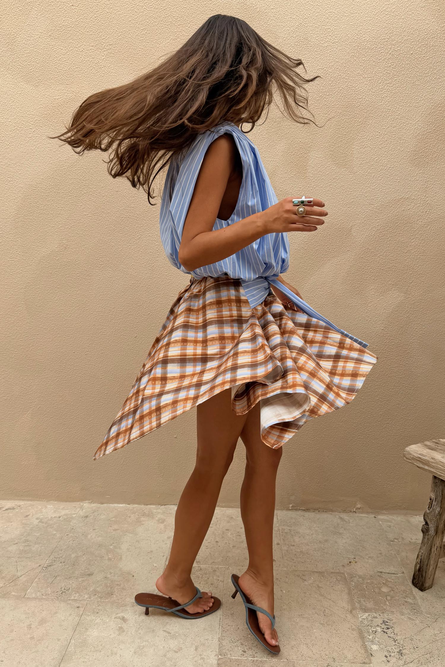 Check Asymmetric Mini Skirt with Stripe Detail