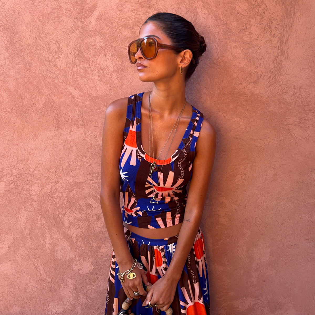Chocolate and Blue Sun Ribbed Tank Top