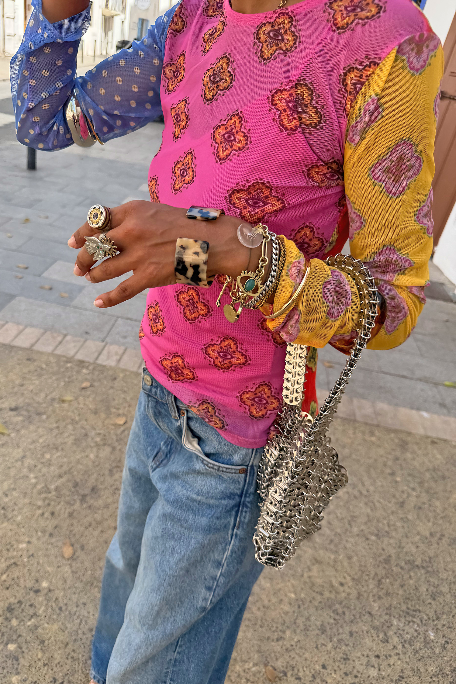 Pink Mix Tile Long Sleeve Mesh Top