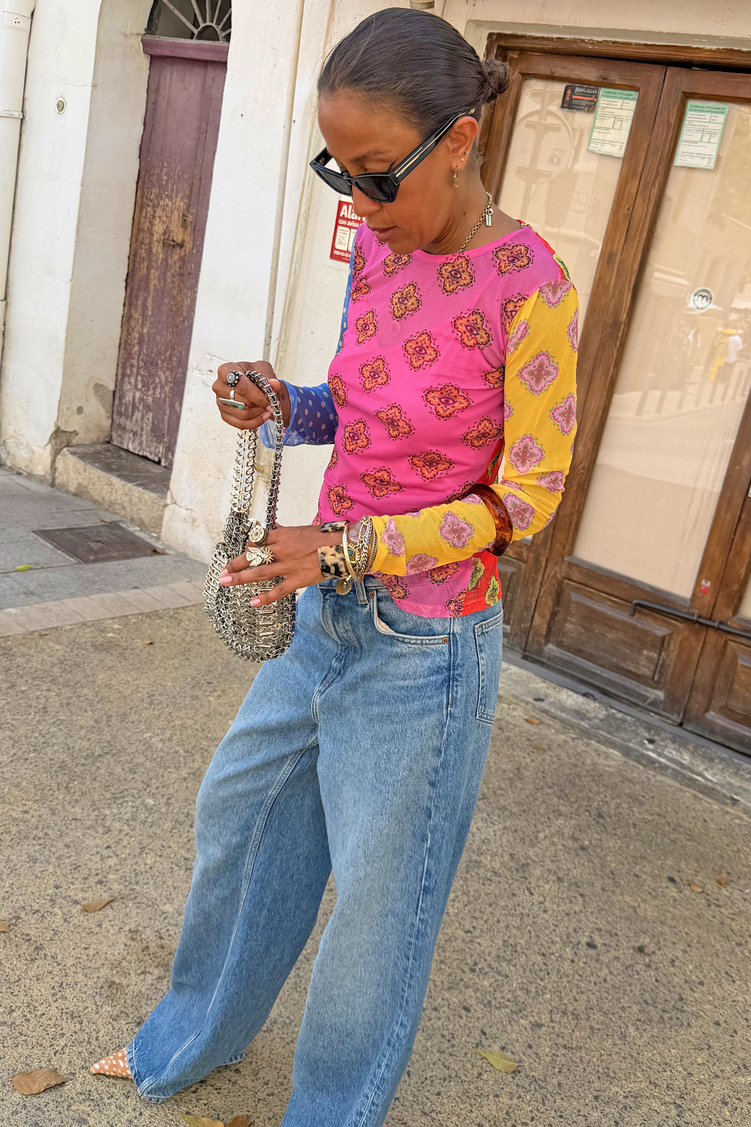 Pink Mix Tile Long Sleeve Mesh Top