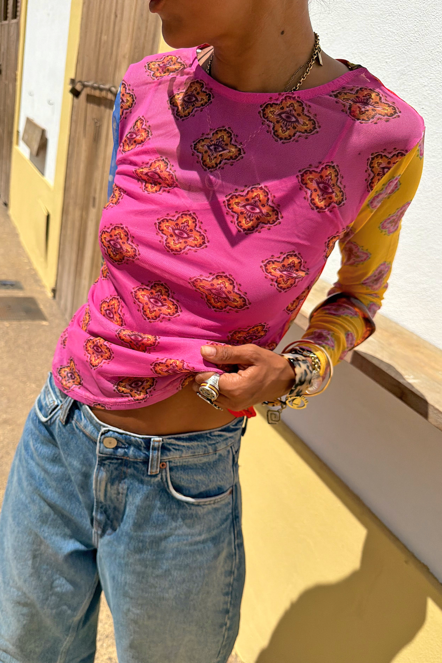 Pink Mix Tile Long Sleeve Mesh Top