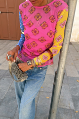 Pink Mix Tile Long Sleeve Mesh Top