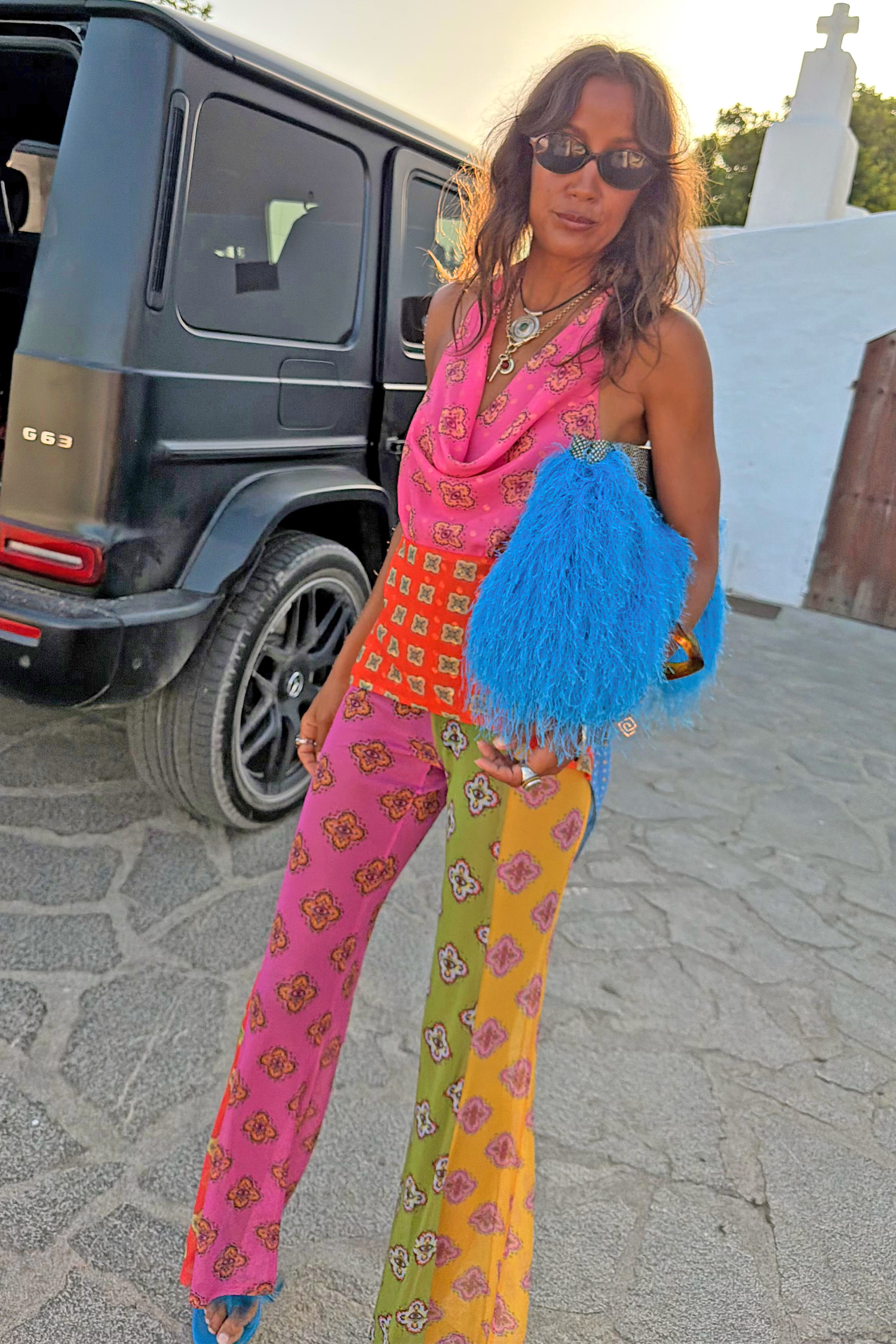 Pink Mix Tile Mesh Flare Trousers
