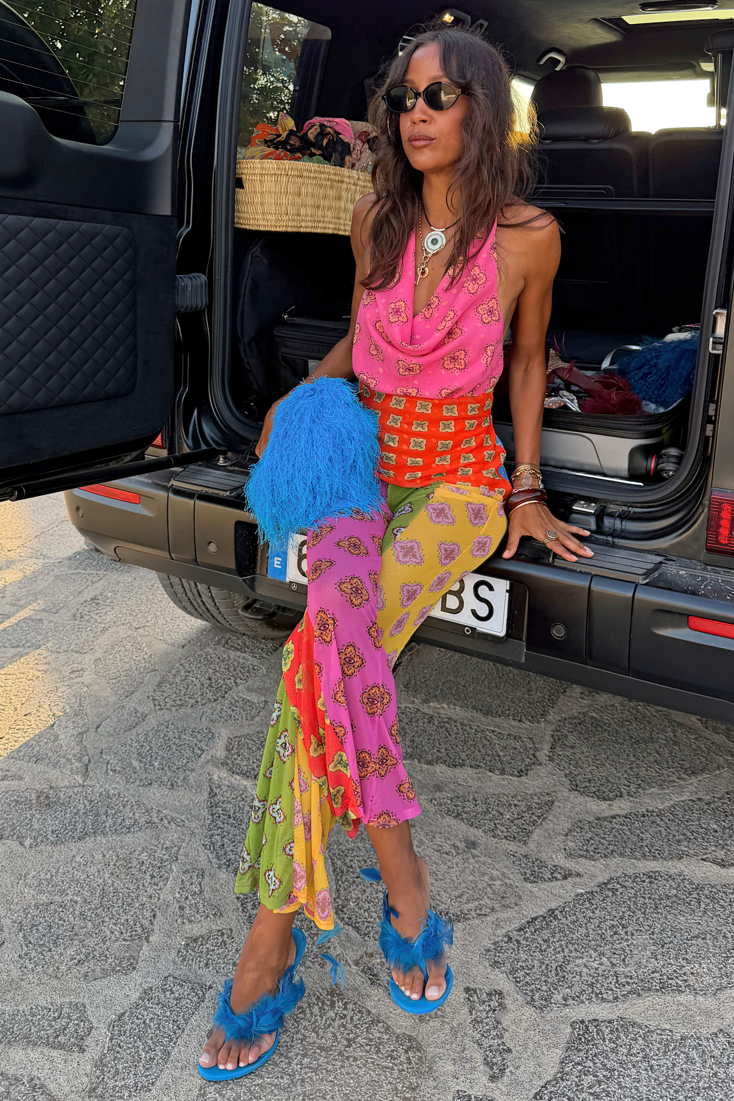 Pink Mix Tile Mesh Flare Trousers