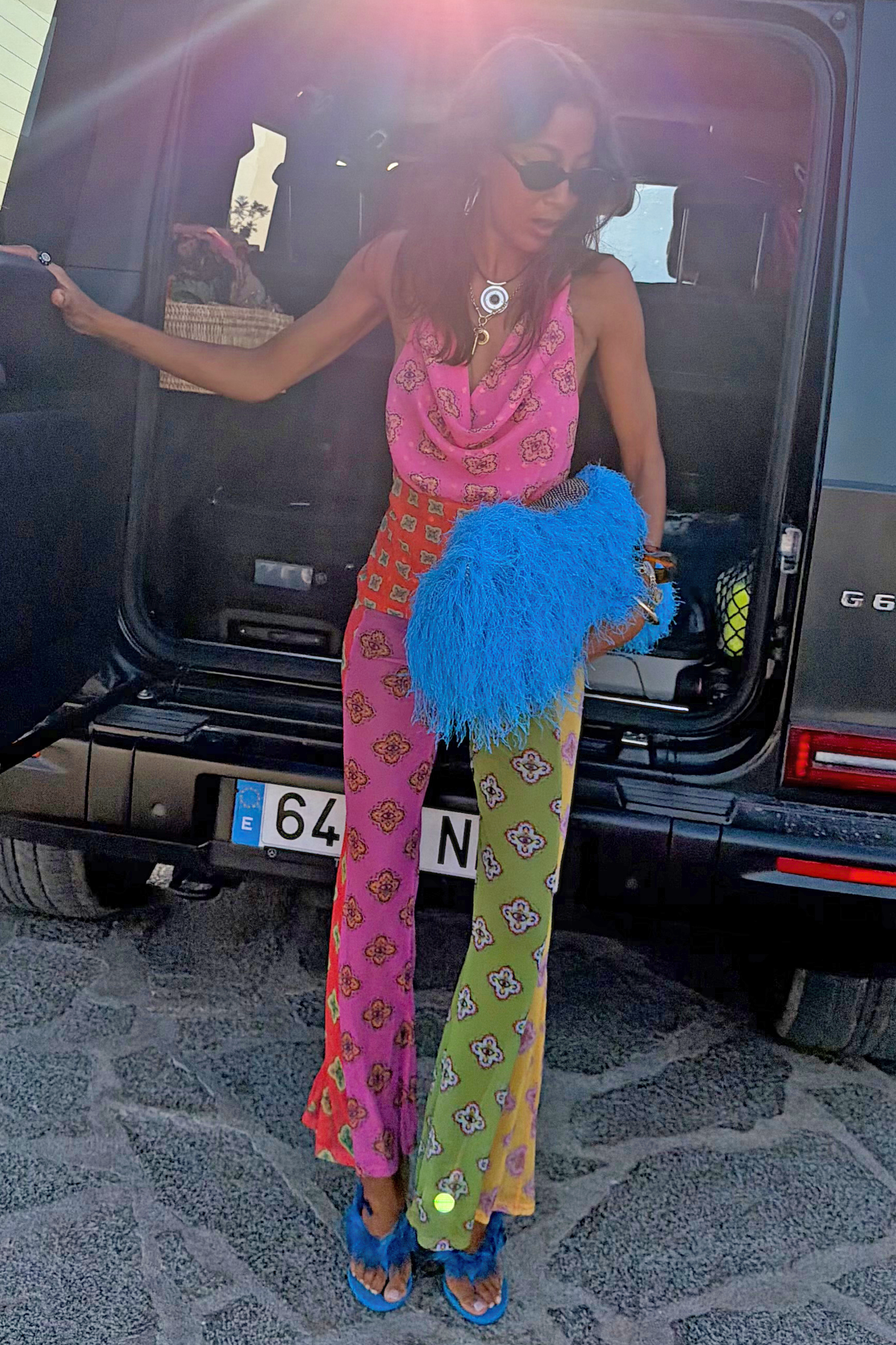 Pink Mix Tile Mesh Flare Trousers Petite