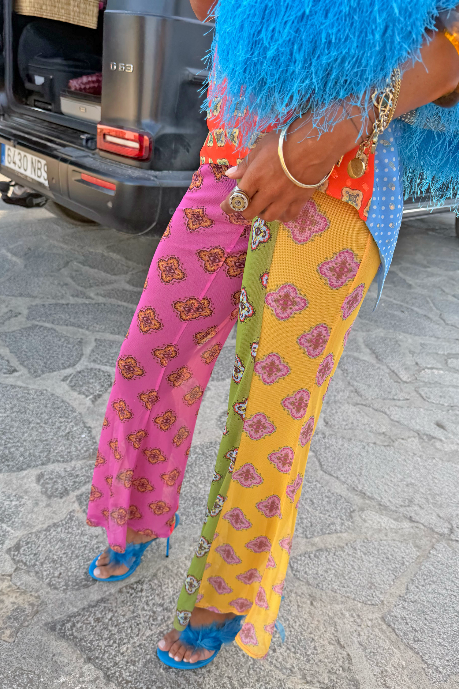 Pink Mix Tile Mesh Flare Trousers