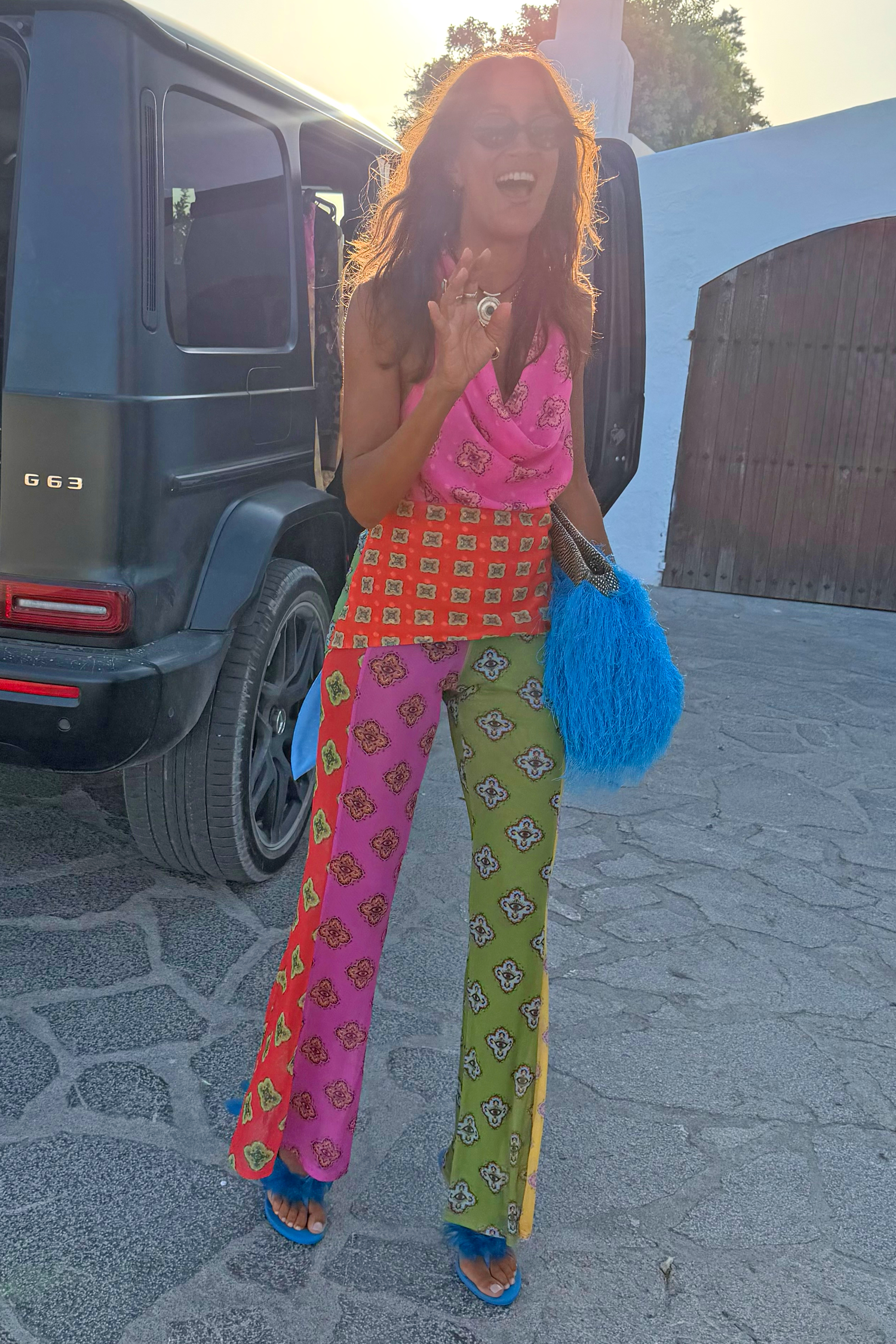 Pink Mix Tile Mesh Flare Trousers