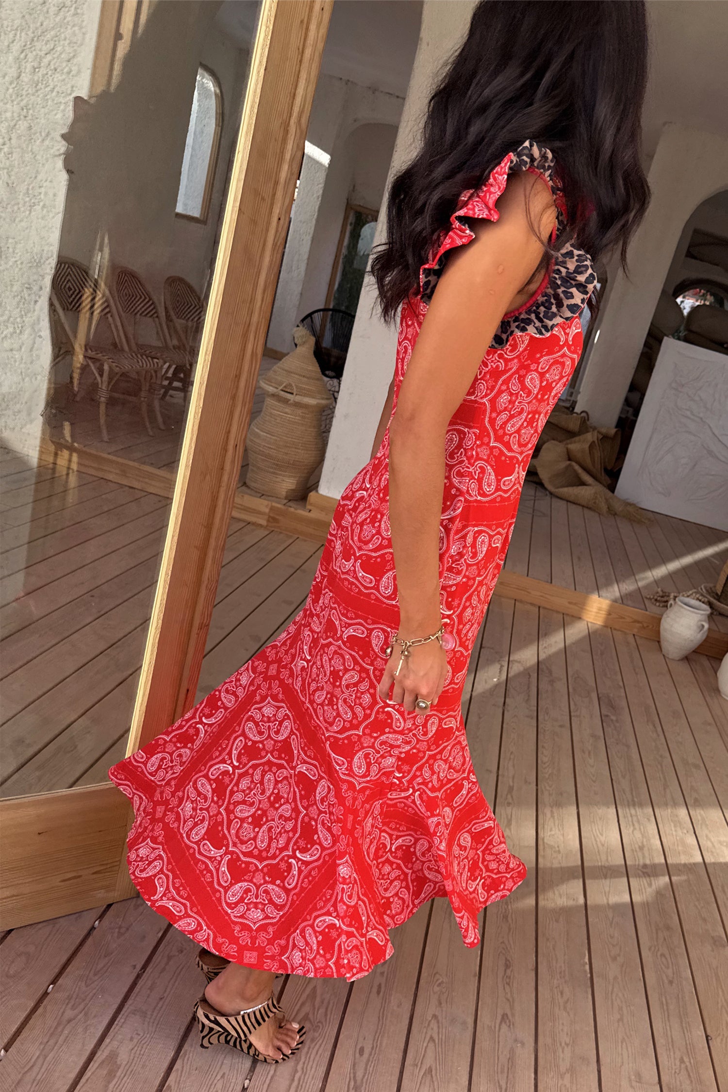 Red Bandana Remi Dress with Leopard Sleeve