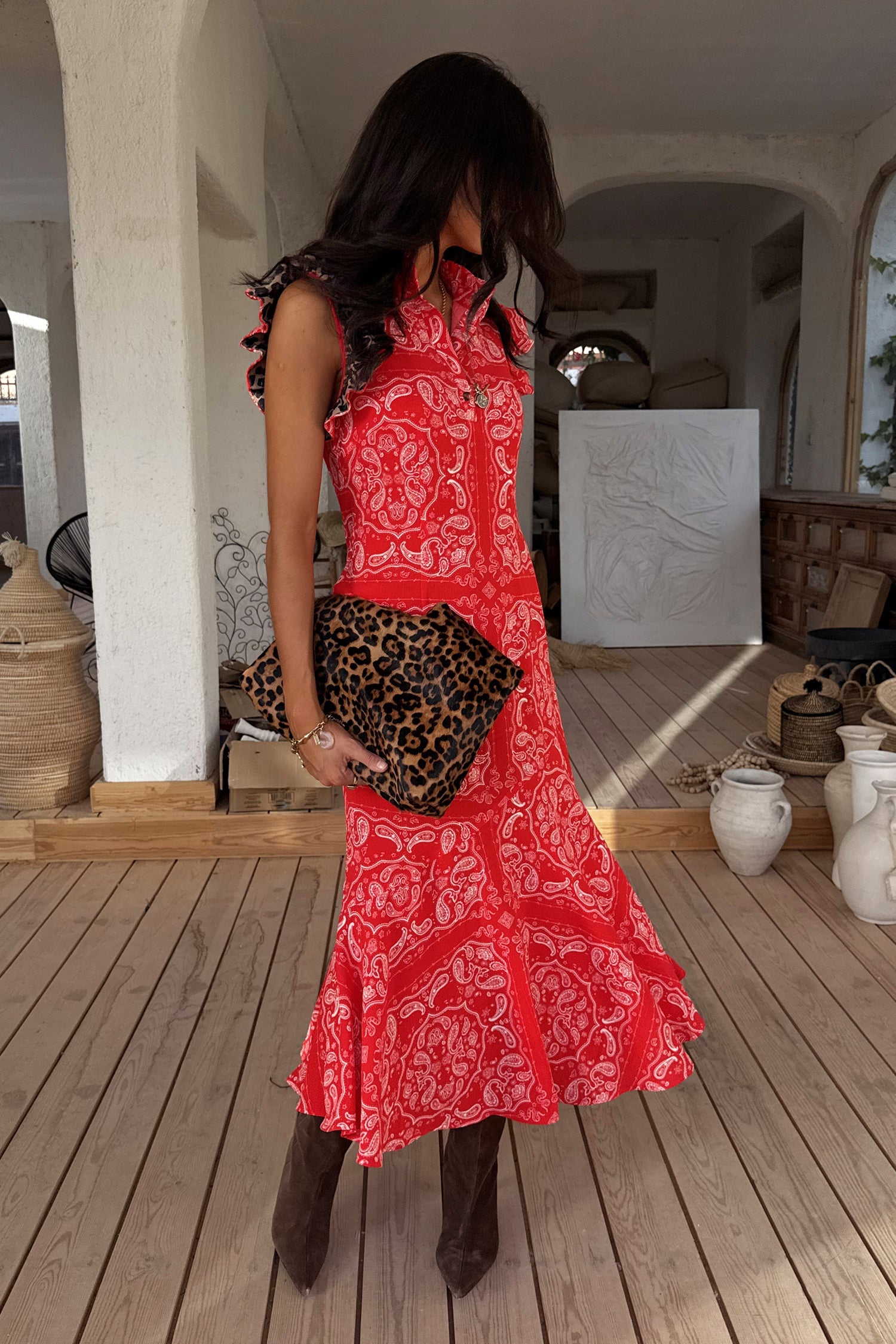 Red Bandana Remi Dress with Leopard Sleeve