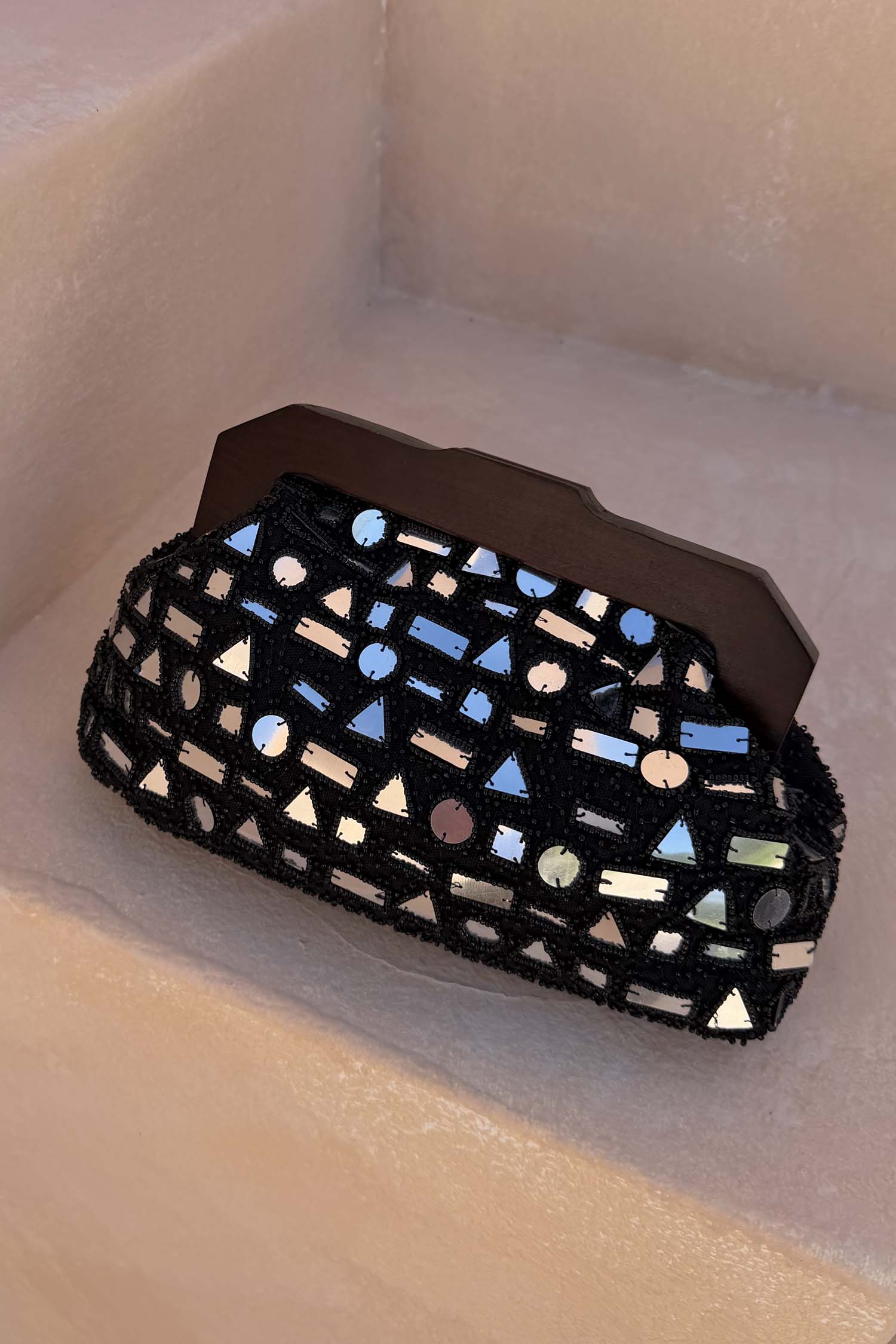 Black Beaded Mirror Bag