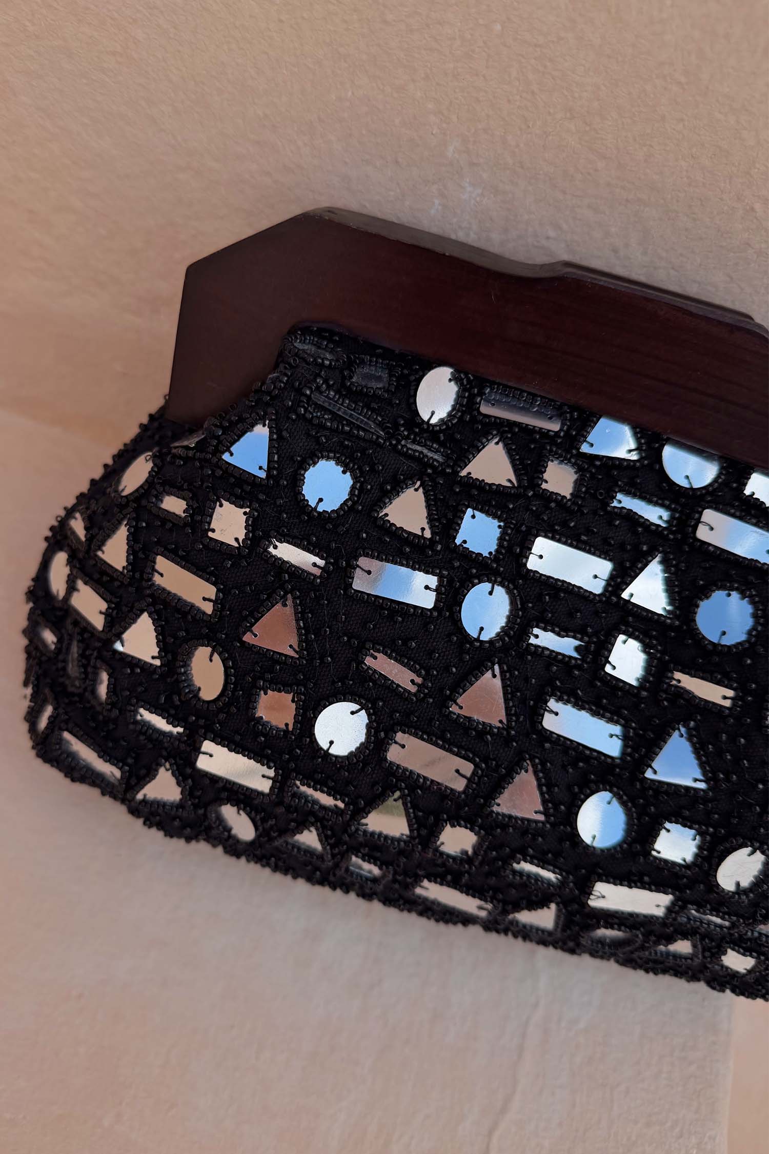 Black Beaded Mirror Bag