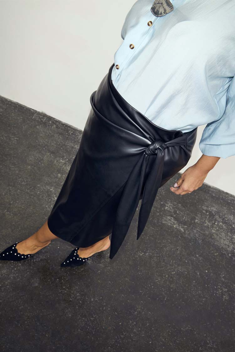 Black Vegan Leather Wrap Skirt