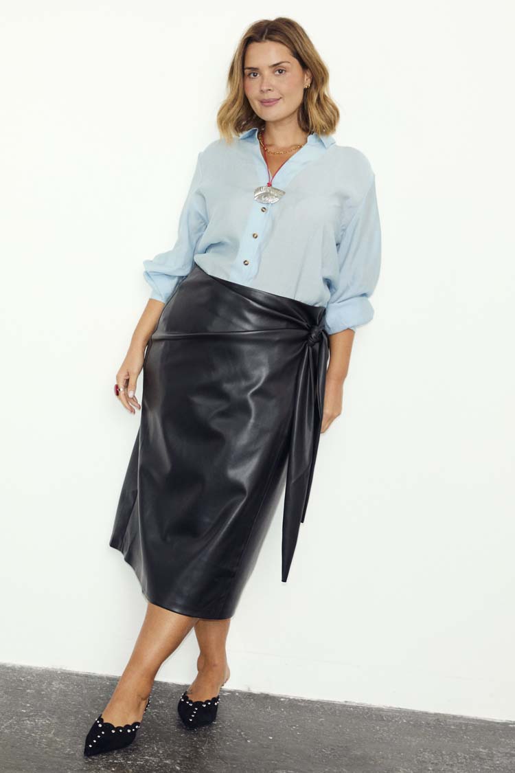 Black Vegan Leather Wrap Skirt
