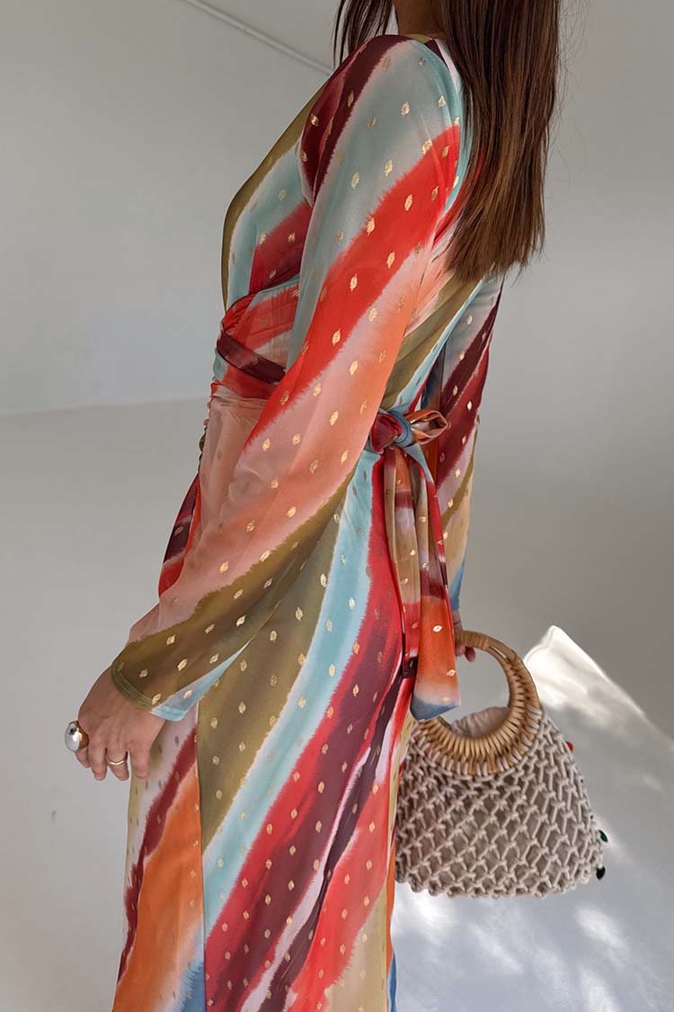 Sunset Stripe Mesh Midi Dress