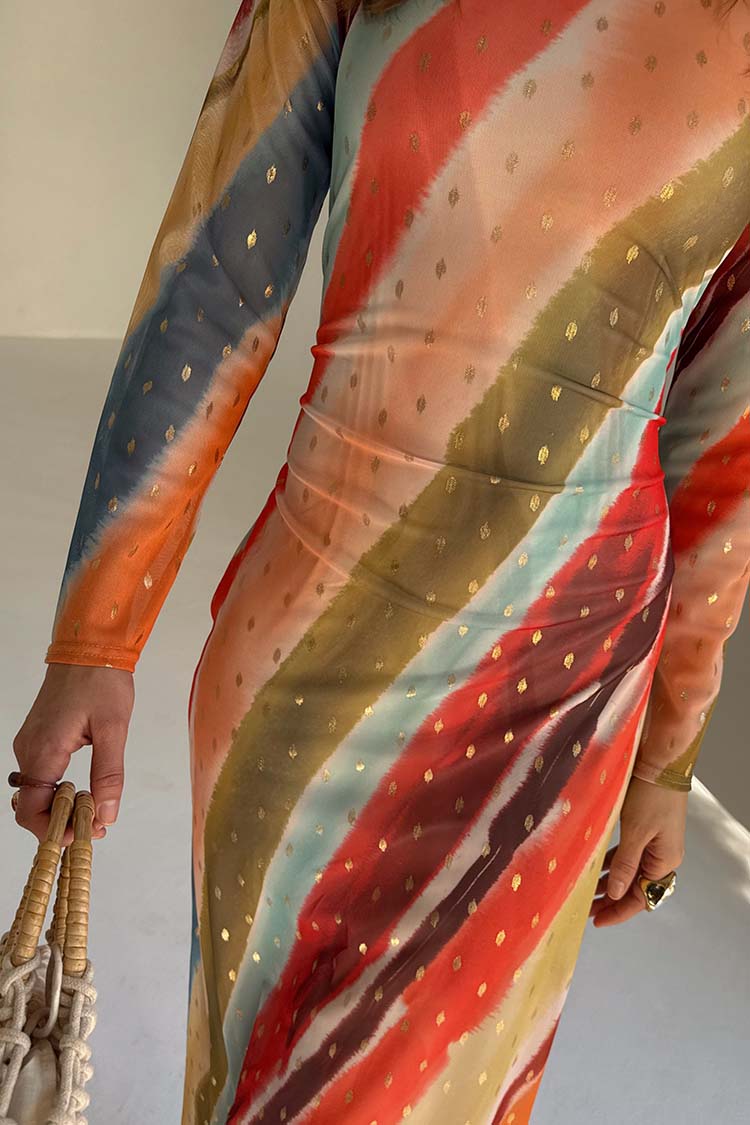 Sunset Stripe Mesh Midi Dress