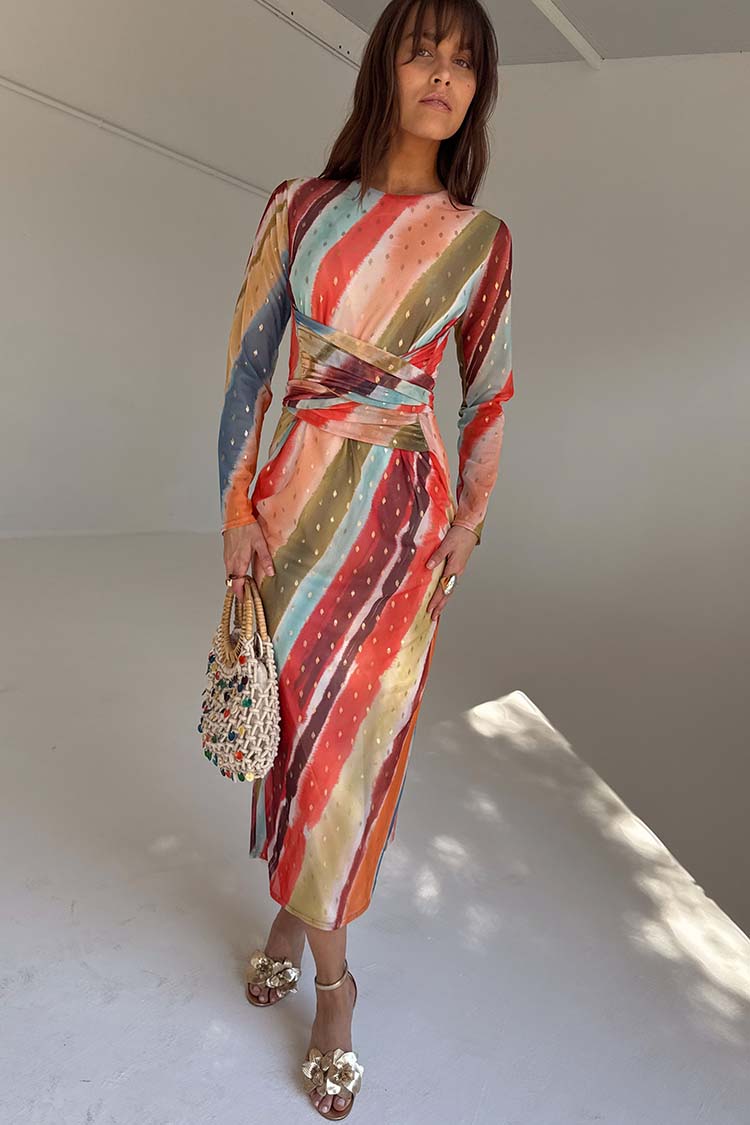 Sunset Stripe Mesh Midi Dress