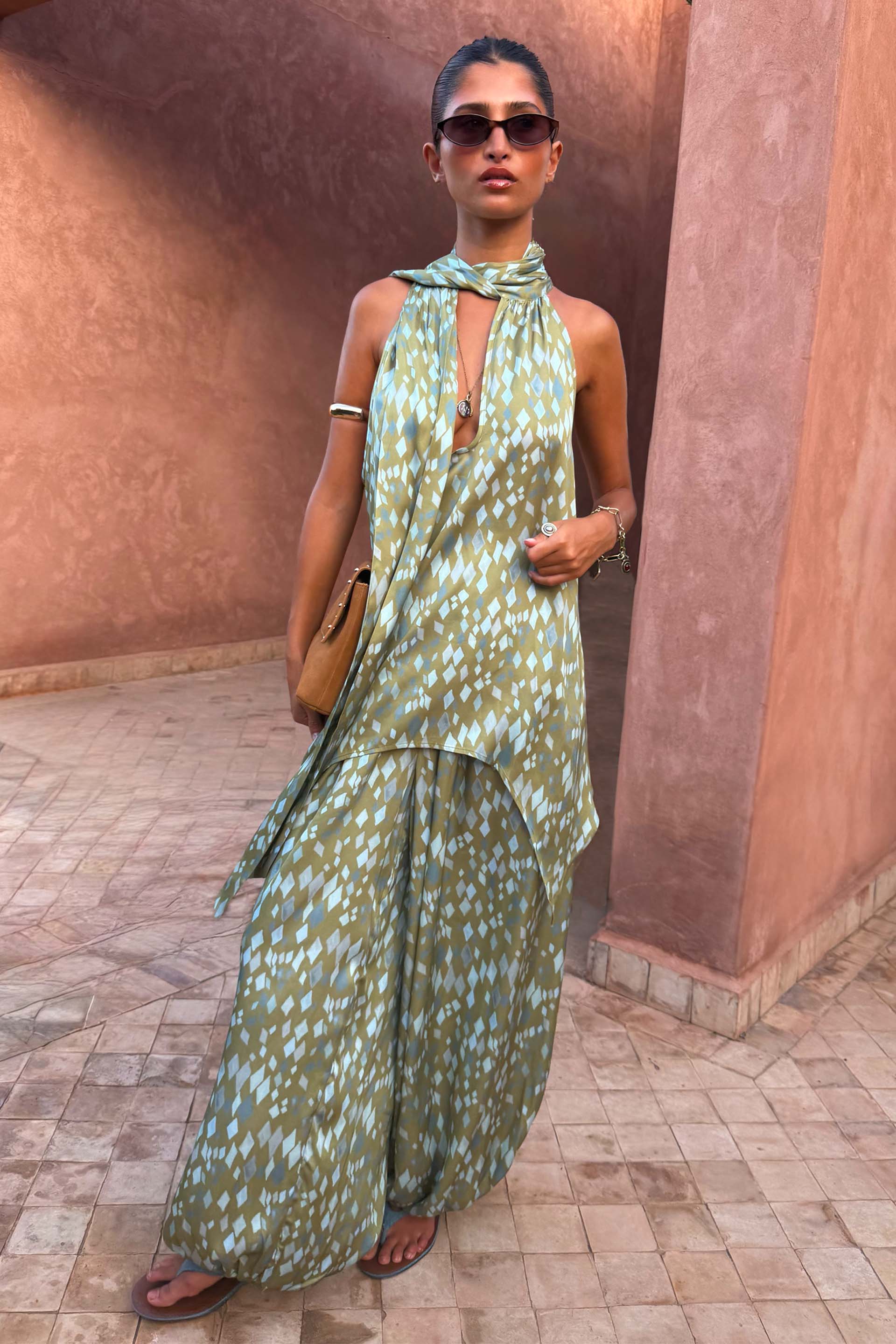 Green Diamond Print Balloon Trouser