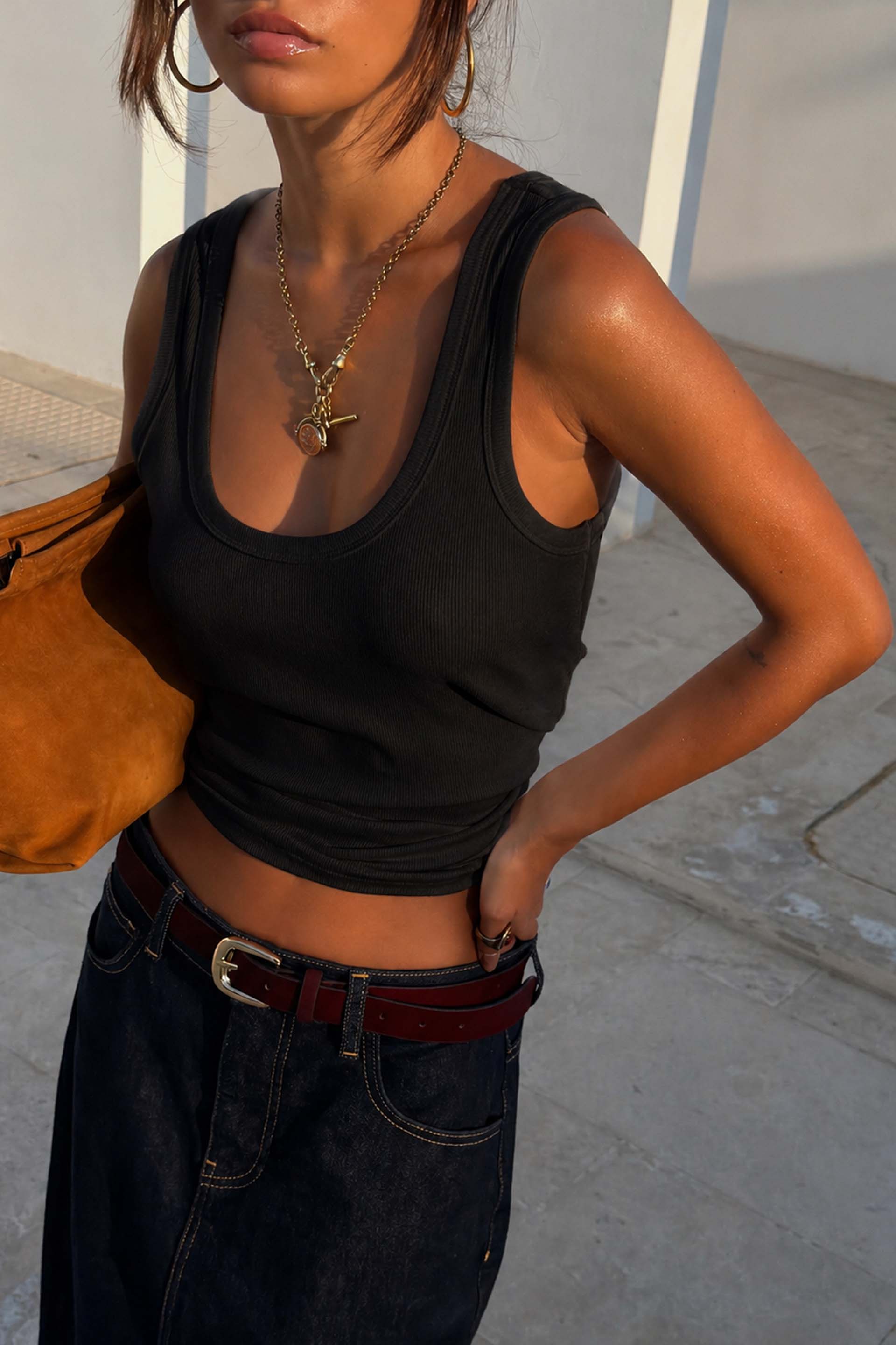 Black Scoop Neck Rib Tank