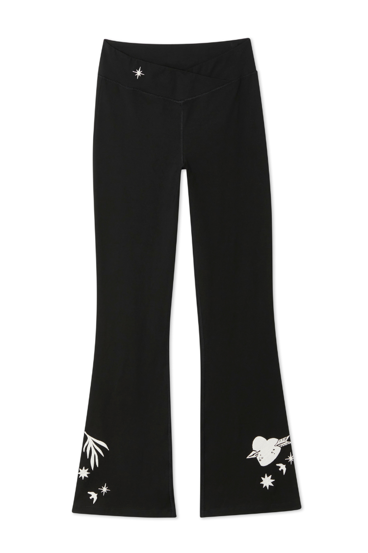 Black Cotton Wide Leg with Ecru Embroidery