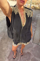 Grey Lace Bubble Zip Vest