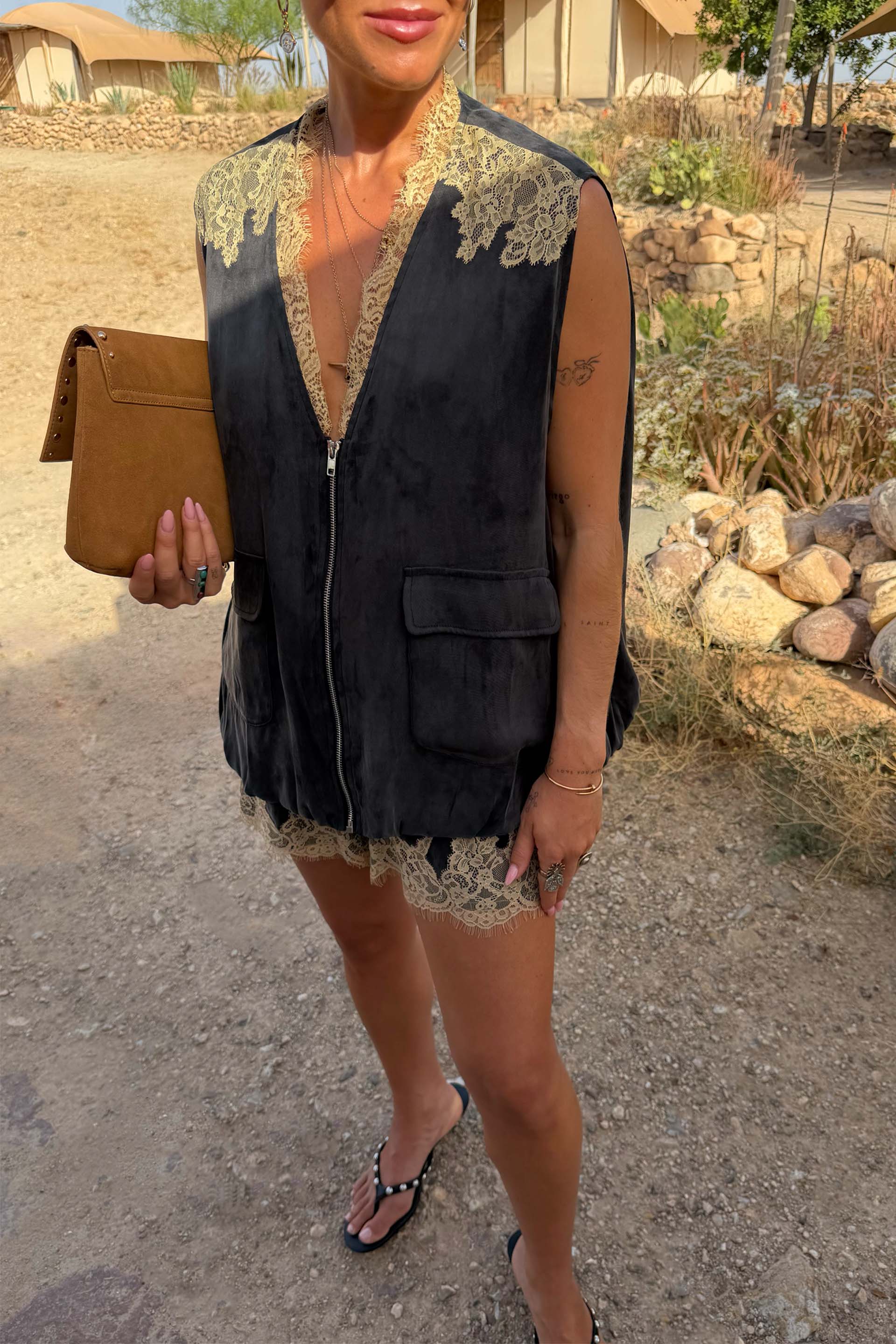 Grey Lace Bubble Zip Vest