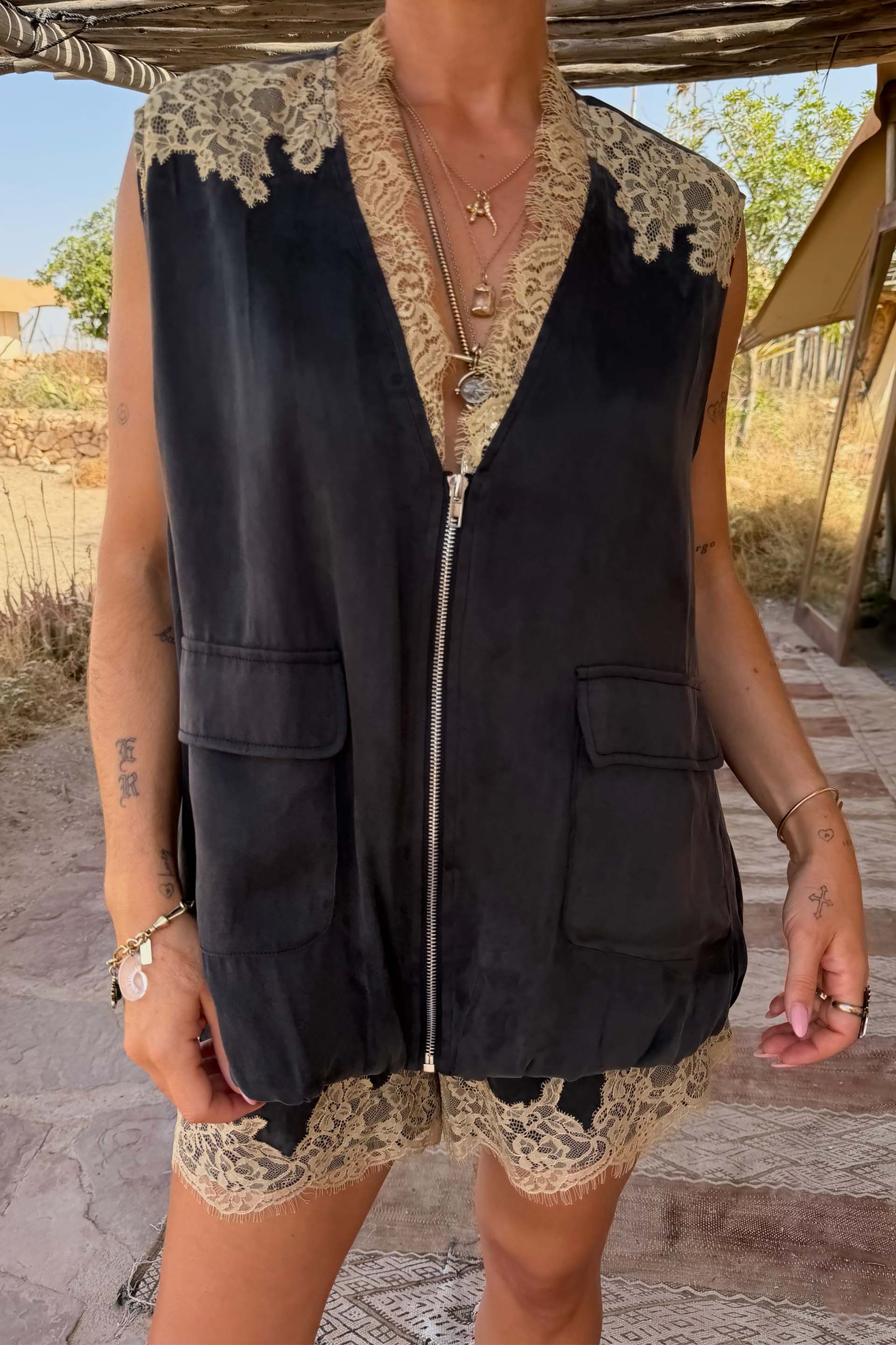 Grey Lace Bubble Zip Vest