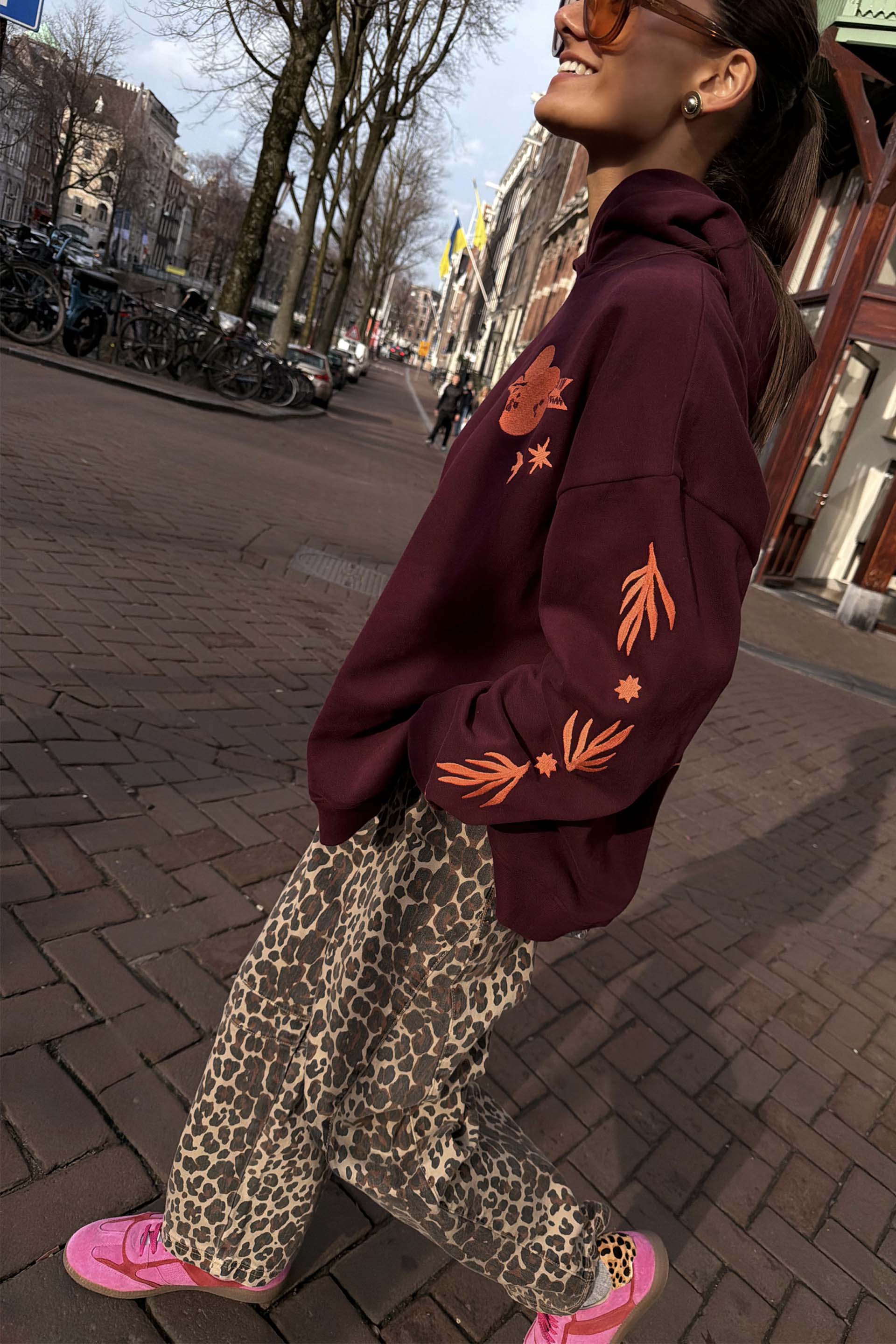Burgundy Hoodie with Coral Embroidery