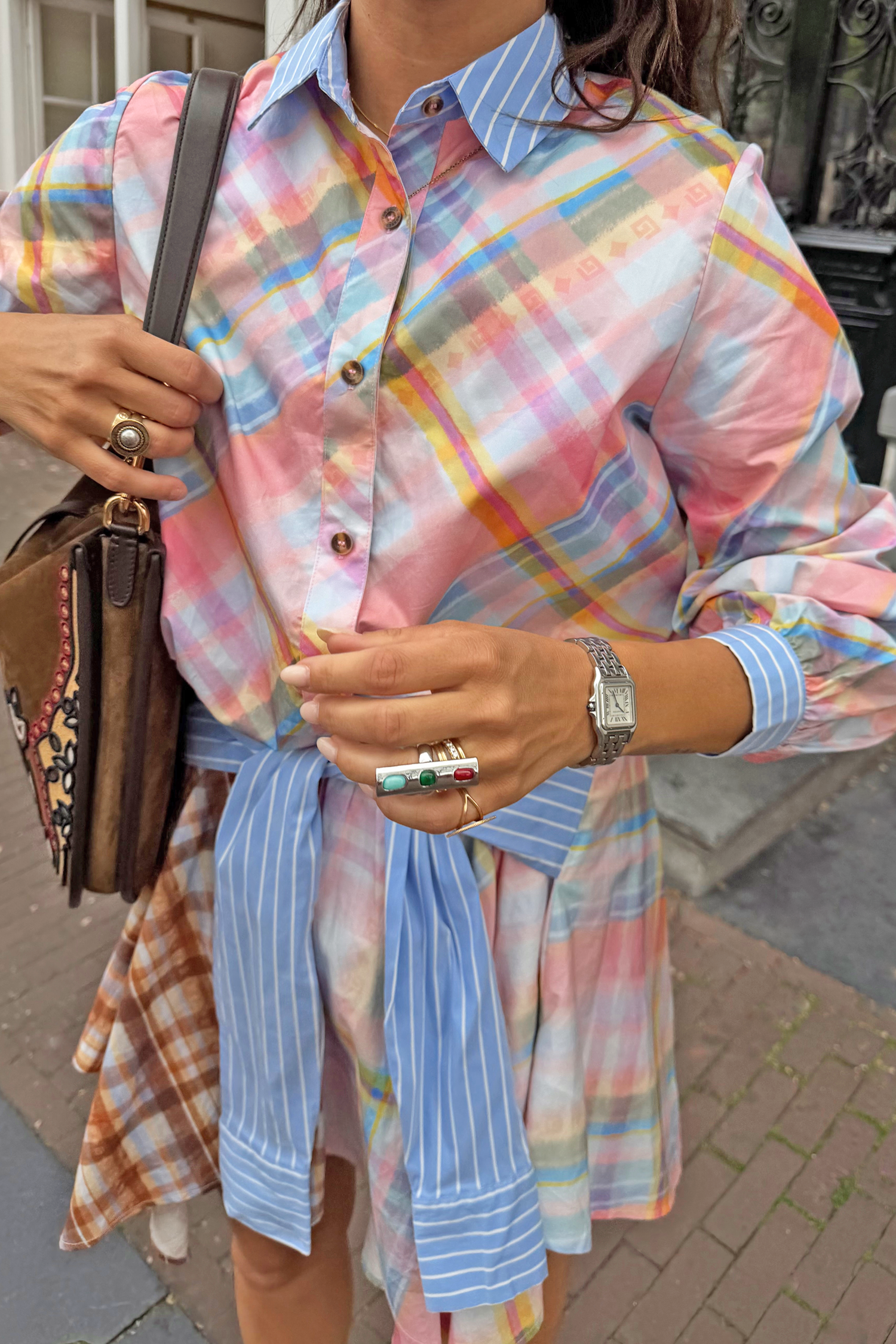 Check Shirt with Stripe Pussy Bow