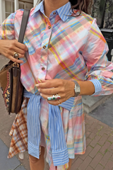 Check Shirt with Stripe Pussy Bow