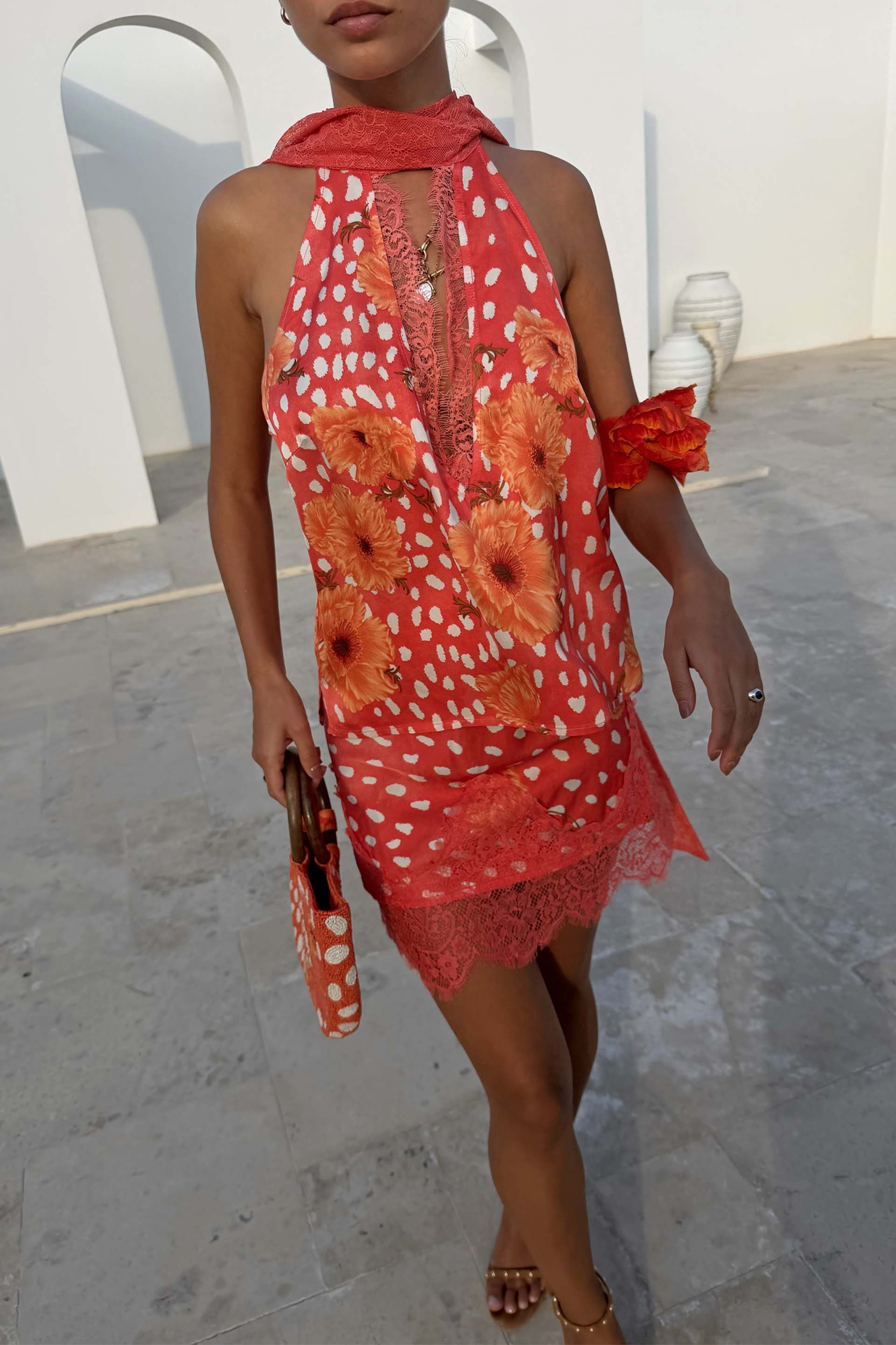 Coral Deer Poppy Lily Top