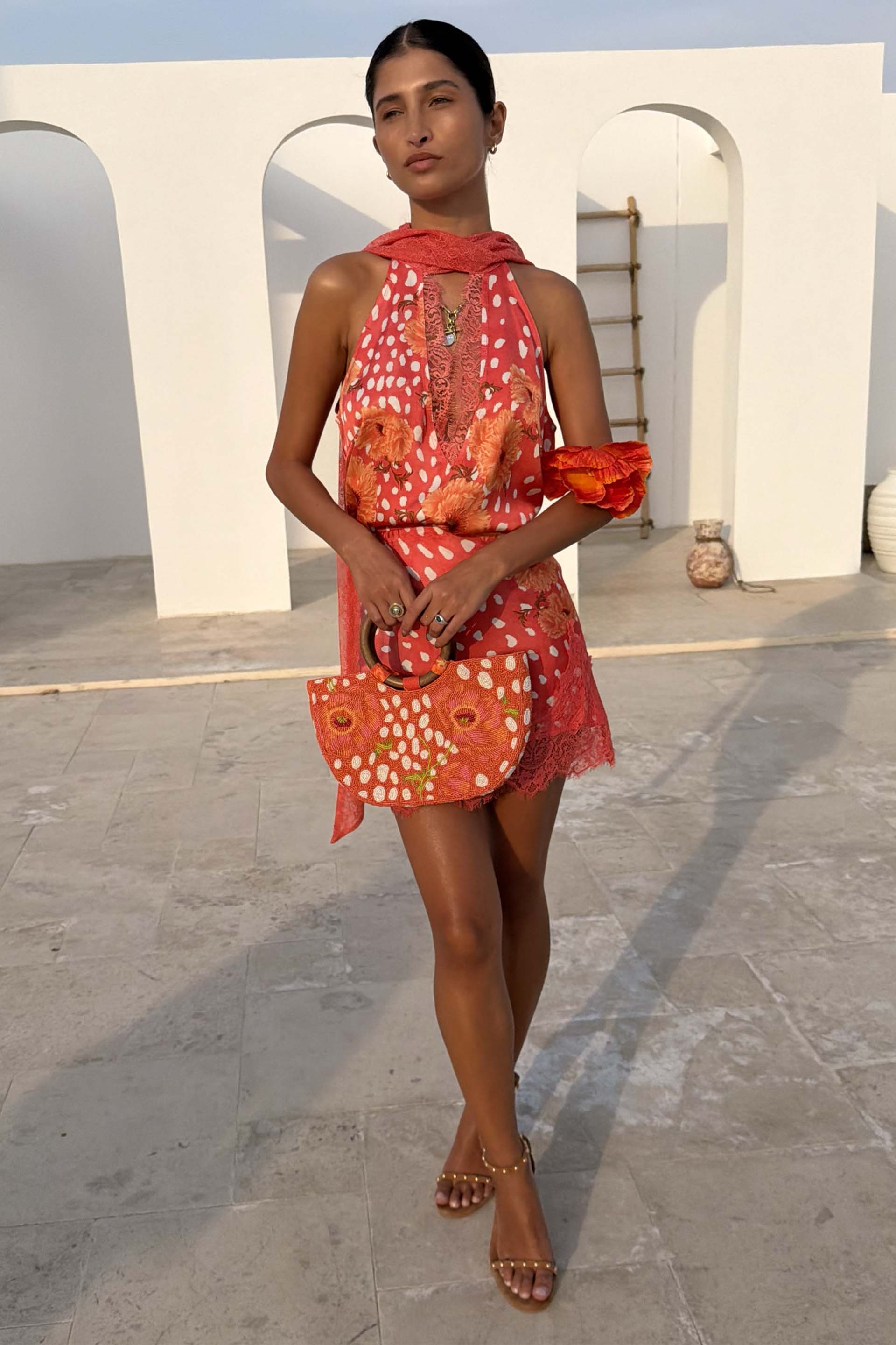 Coral Deer Poppy Lily Top