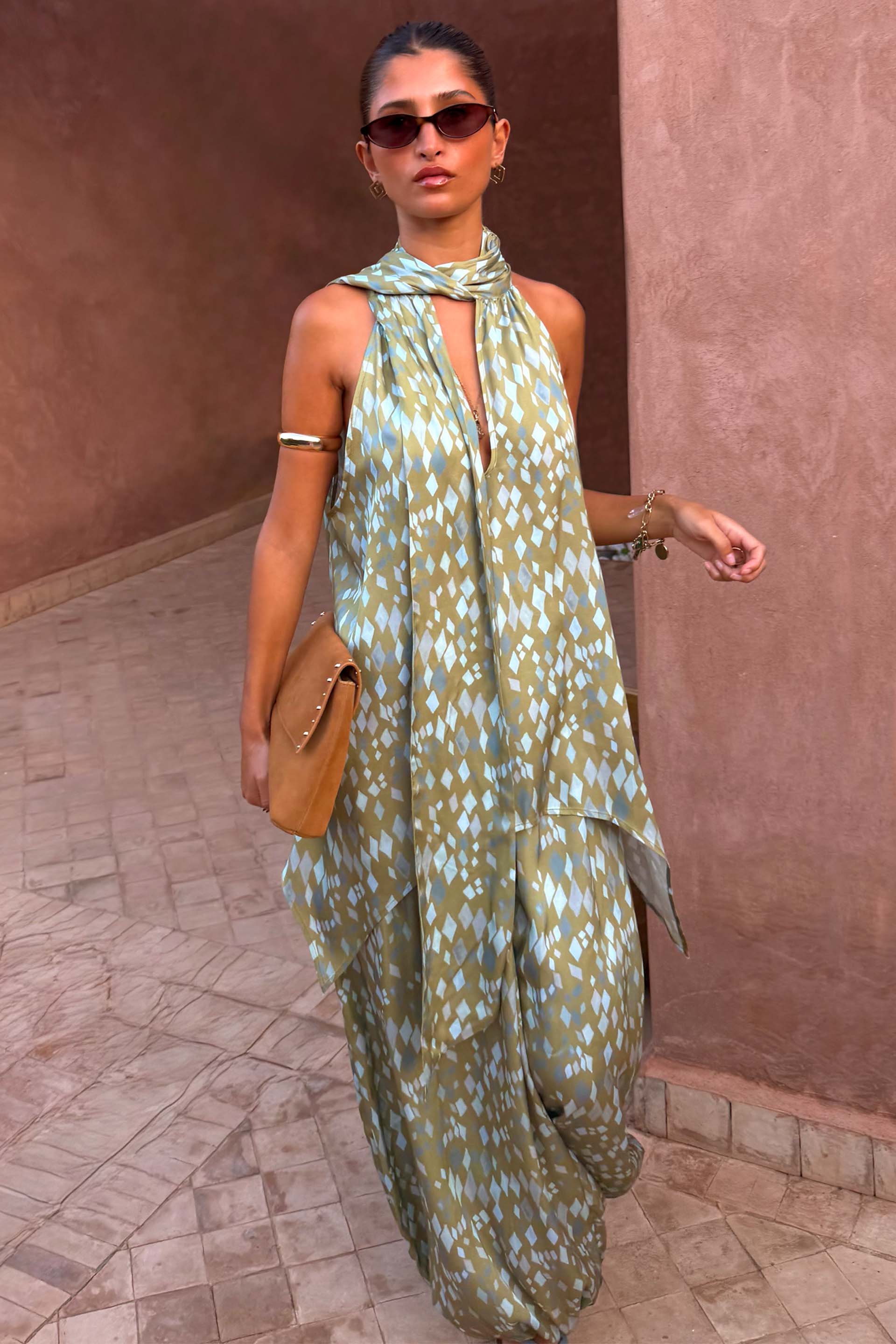 Green Diamond Print Halter Top