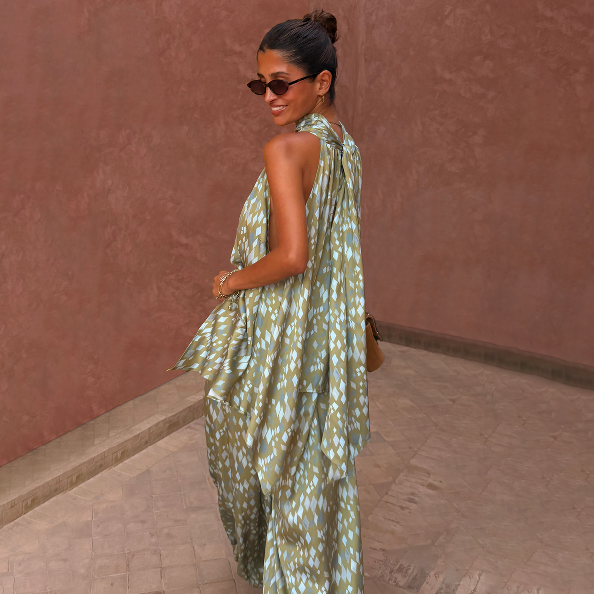 Green Diamond Print Halter Top
