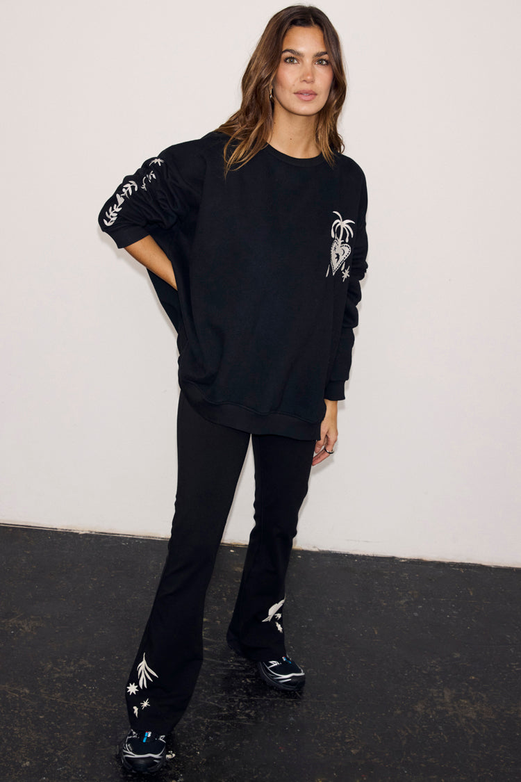 Black Cotton Wide Leg with Ecru Embroidery