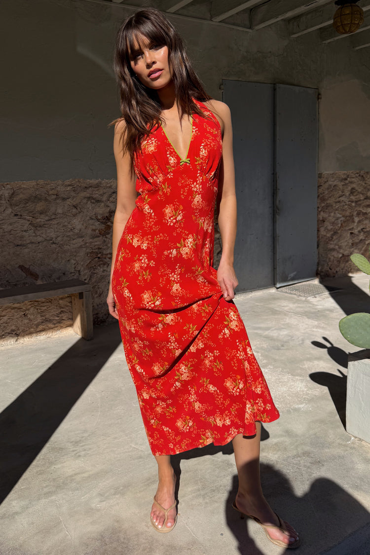 Red Floral Halter Dress