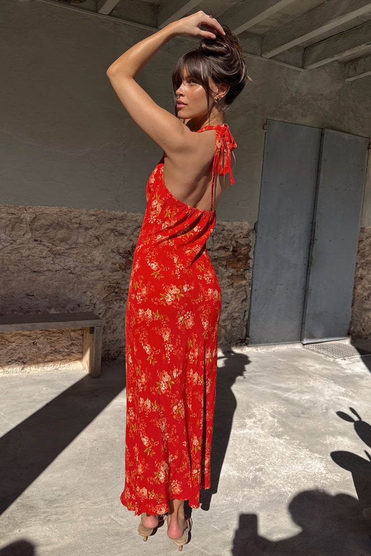Red Floral Halter Dress