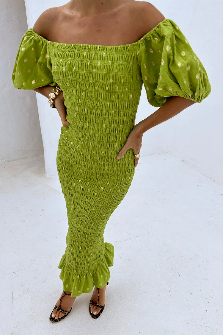 Olive Jojo Dress with Gold Fleck