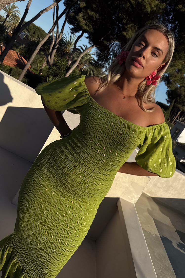 Olive Jojo Dress with Gold Fleck
