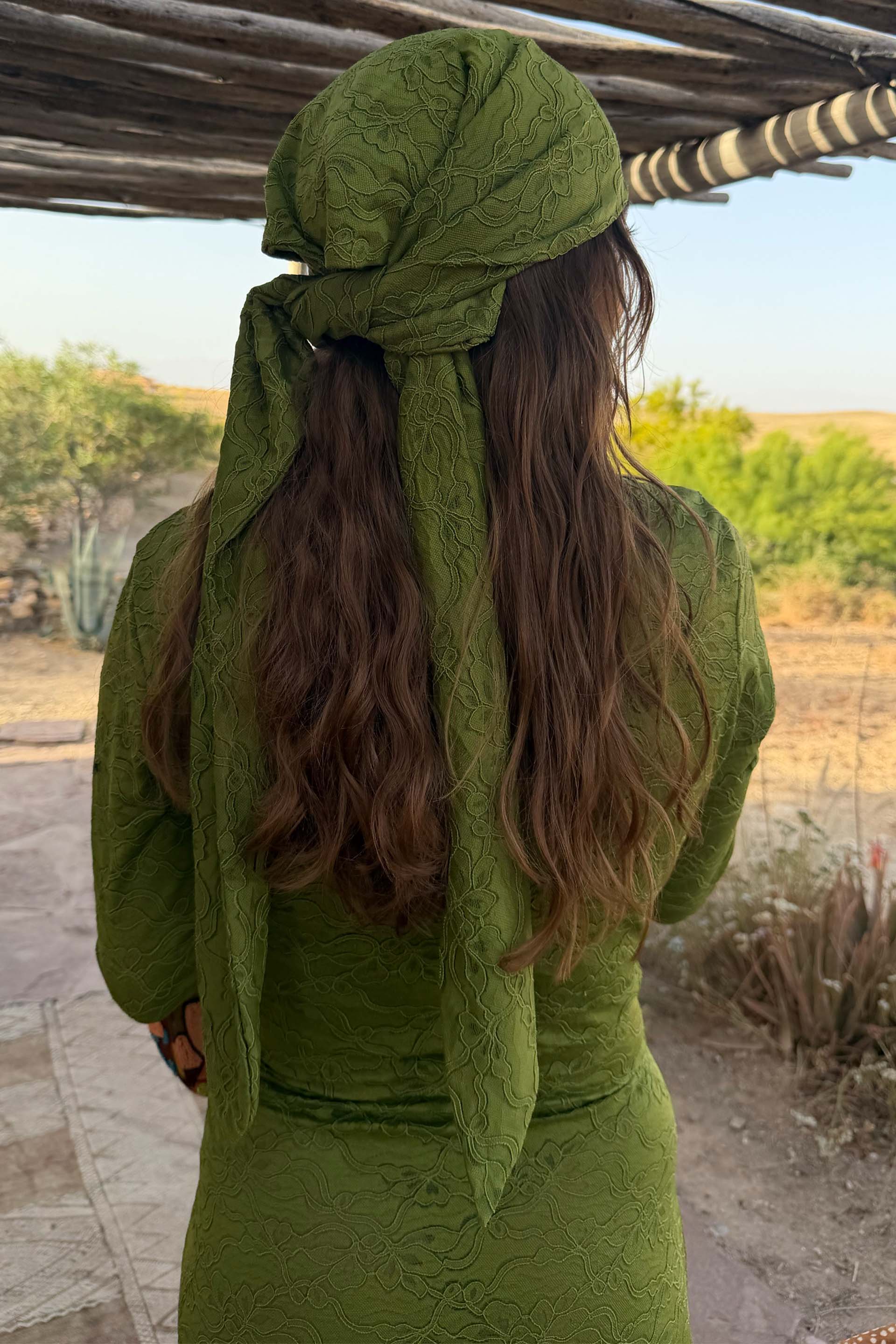 Green Lace Tie Dress with Head Scarf